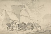 Stable Yard with Horses, Thomas Rowlandson (British, London 1757–1827 London), Pen and gray ink, brush and gray wash
