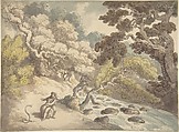 Landscape with rushing stream and a couple on the bank, frightened by a snake, Thomas Rowlandson British, Watercolor, pen and ink
