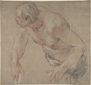 Half Figure of a Man, Nude to the Waist, Jean-Baptiste Deshays (French, Colleville 1729–1765 Paris), Red and black chalk, heightened with white, on beige paper