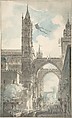 View of the Portal and Principal Entrance of the Cathedral of Palermo during the Festival of Sta. Rosalia, Louis Jean Desprez (French, Auxerre 1743–1804 Stockholm), Pen and black ink, gray wash and watercolor, over traces of graphite. Framing lines in pen and brown ink.