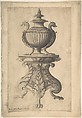 Covered Vase on a Three-Footed Pedestal, Jacques Androuet Du Cerceau (French, Paris 1510/12–1585 Annecy), Pen and black ink, brush and gray wash