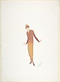 Design for Davidow, New York: Hat with Horizontal Strips of Gold and Rust, Stockings, Shoes and a V-Neck Sweater over Pleated Skirt, Erté (Romain de Tirtoff)  French, born Russia