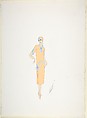 Design for Davidow, New York: Dress, Hat and Shoes in Light Orange with a Blue and White Loop Motif at the Neckline, Sleeves and Across the Hips, Erté (Romain de Tirtoff)  French, born Russia