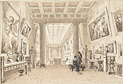 Interior of Thomas Hope's Picture Gallery, Duchess Street, London, William Henry Bartlett  British, Pen and ink, brush and brown wash, over graphite
