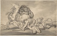 Lions Attacking Two Men and a Horse, James Ward British, Brush and black and gray wash, over black chalk