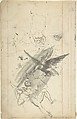 Sketchbook page with drawings of sculpture, Anonymous, British, 18th century, Pen and ink, brush and wash over graphite, with pen and ink manuscript