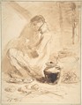 Man Sitting on the Ground with Jars and Food, Anonymous, British, 19th century British, Brush and brown ink