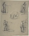 Five images showing the processes of manufacturing glass, Anonymous, British, 19th century British, Graphite, white chalk, pen and ink, on gray paper