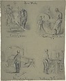 Four drawings showing the manufacture of iron, Anonymous, British, 19th century  British, Graphite, white chalk, pen and ink, on gray paper