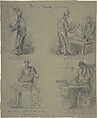 Four drawings showing the manufacture of floor cloth, Anonymous, British, 19th century  British, Graphite, white chalk, pen and ink, on gray paper