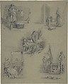 Five drawings showing processes of weaving and spinning, Anonymous, British, 19th century  British, Graphite and white chalk on gray paper
