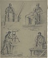 Four drawings showing the manufacture of saws, Anonymous, British, 19th century British, Graphite, white chalk, pen and ink, on gray paper