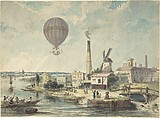 Mr. Green in the Albion Balloon, Having Ascended from Vauxhall Gardens, August 12, 1842, Anonymous, British, 19th century British, Watercolor