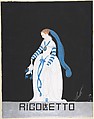 Design for White Dress with Blue Sash and Blue and White Striped Sleeves for Ganna Walska in "Rigoletto" by the Chicago Opera Company, Erté (Romain de Tirtoff)  French, born Russia, Gouache and metallic paint