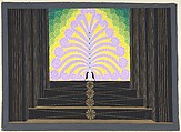 Stage Set Design with Lavender, Yellow and Green Plumes at Top of Black and Gold Stairs for "Les Spectacles," George White's Scandals, New York, Erté (Romain de Tirtoff)  French, born Russia, Gouache and metallic paint