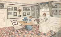 Two young women writing and sewing in an interior at Hatton, Warwickshire, Granddaughters of Dr. Samuel Parr  British, Watercolor
