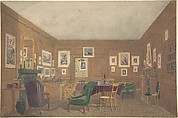 A Scholar's Study at Oxford or Cambridge, The Walls Hung with Framed Prints, Anonymous, British, late 19th to early 20th century  British, Watercolor and gouache (bodycolor) over graphite