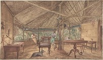 European Men in an African Jungle Lodge, Anonymous, British, 19th century British, Watercolor