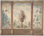 Design for a Wall with a Flower Vase, Birds, Two Gold Fish and Globe Fountains, Anonymous, British, 19th century British, Watercolor, pen and ink