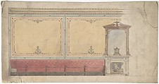 Design for Wall including Chimney and Red Banquette, Anonymous, British, 19th century  British, Pen and ink and watercolor