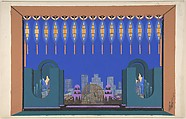 Design for Stage Set, City Skyline Seen Beyond Terrace, for "Manhattan Mary," Majestic Theater, New York, Erté (Romain de Tirtoff) French, born Russia, Gouache and metallic paint
