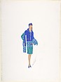 Design for Blue and Green Dress with Fish Pattern at Neckline, Hat and Earrings for "Manhattan Mary," Majestic Theater, New York, Erté (Romain de Tirtoff)  French, born Russia