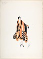 Design for Orange and Black Coat Trimmed in Fur with Cobra Heads at Sleeve Cuffs for "Manhattan Mary," Majestic Theater, New York, Erté (Romain de Tirtoff) French, born Russia, Gouache and metallic paint