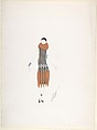 Design for Turquoise and Gold Beaded Dress with Fur Ruff and Fur Tails Hanging from Hipline for "Manhattan Mary," Majestic Theater, New York, Erté (Romain de Tirtoff) French, born Russia, Gouache and metallic paint