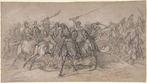 Arab Skirmish, Eugène Fromentin (French, La Rochelle 1820–1876 Saint-Maurice), Black and white chalk on brown gray paper