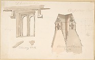 Window at Tewkesbury. Chimney, Chepstow Castle; Bridge at Chepstow (verso), Anonymous, British, 19th century  British, Pen and ink, brush and wash, over graphite
