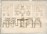 Interior with Four Armchairs, a Round Mirror, Demilune Table and Framed Prints or Drawings, Anonymous, British, late 18th century  British, Pen and black ink