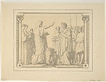 Melchizedek Presenting Abraham with Bread and Wine, Hippolyte Flandrin (French, Lyons 1809–1864 Rome), Graphite and gray wash; pen and black ink in framing design