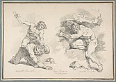 Hercules and Cacus, after Annibale Carracci, and the Destruction of Enceladus, after Agostino Carracci, Jean Honoré Fragonard (French, Grasse 1732–1806 Paris), Black chalk; framing lines in pen and brown ink