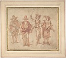 Figures in Theatrical Costumes, Claude Gillot (French, Langres 1673–1722 Paris), Pen and brown ink, brush and red wash, over red chalk