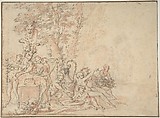 Satyrs Preparing for a Festival, Claude Gillot (French, Langres 1673–1722 Paris), Pen, brown and black ink, over black chalk with pink wash; framing lines in pen and brown ink