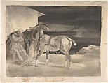 Two Draft Horses with a Sleeping Driver, Théodore Gericault (French, Rouen 1791–1824 Paris), Brush and brown and gray wash, over graphite