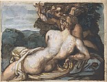 Venus and Cupid in a Landscape, after Annibale Carracci (recto); A Warrior Holding a Shield and Sword, Seen from the Back (verso), Théodore Gericault (French, Rouen 1791–1824 Paris), Pen and brown ink, brush and brown wash, watercolor, and white gouache over graphite and red chalk (recto); pen and brown ink, watercolor, over graphite and  red chalk (verso)