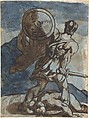 Venus and Cupid in a Landscape, after Annibale Carracci (recto); A Warrior Holding a Shield and Sword, Seen from the Back (verso), Théodore Gericault (French, Rouen 1791–1824 Paris), (r.) Pen and brown ink, brush and brown wash, watercolor, and white gouache over graphite and traces of red chalk; (v.) Pen and brown ink and watercolor over graphite and traces of red chalk
