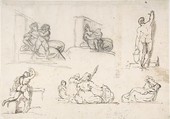 Six Figure Studies, including four for The Poor Italian Family, Théodore Gericault (French, Rouen 1791–1824 Paris), Black chalk; pen and brown ink
