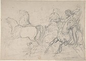 Charioteer and Horseman, Théodore Gericault (French, Rouen 1791–1824 Paris), Graphite on light gray paper