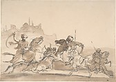 Combat of Oriental Horsemen, Théodore Gericault (French, Rouen 1791–1824 Paris), Brush and brown wash, over graphite