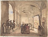 A Cardinal Examining a Painting in a Cloister, François Marius Granet (French, Aix-en-Provence 1775–1849 Aix-en-Provence), Pen and brown ink, brush and brown wash, watercolor, over black chalk