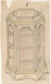 Design for an Octagonal Cabinet with Glass Doors and Shelves, Anonymous, British, 19th century  British, Pen and ink and watercolor over graphite