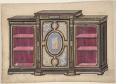 Cabinet Design with Renaissance style Ornament and Red Interior, Anonymous, British, 19th century, Pen and ink and watercolor