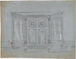 Design for a Cabinet with Glass Side Doors and Porcelain Plaques, Anonymous, British, 19th century British, Graphite, watercolor and scratching on gray ground