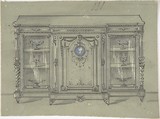 Design for a Cabinet with Glass Doors and a Porcelain Plaque, Anonymous, British, 19th century British, Graphite, watercolor and scratching on green ground