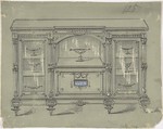 Design for a Cabinet with Three Glass Doors and a Porcelain Plaque, Anonymous, British, 19th century British, Graphite, watercolor and scratching on green ground