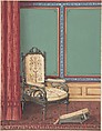 Interior Design with a Cream and Gray Chair, Red Curtain and Rug and Green, Blue and Red Panelled Wall, A. Kaufmann British, Gouache