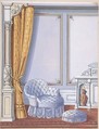 Interior Design for a Gray Curtained Alcove, with an Uphostered Armchair, Ottoman and Cabinet, Anonymous, British, 19th century British, Gouache