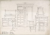 Designs for a Wardrobe, Dressing Chest, Wash Stand, Pedestal, Towel Rail and Cane Chairs, Anonymous, British, 19th century British, Graphite